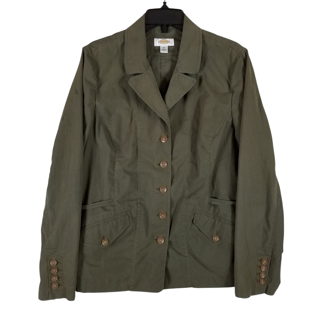 Talbots Field Jacket Women 16 Olive Green Cotton Blend Button Front Utility